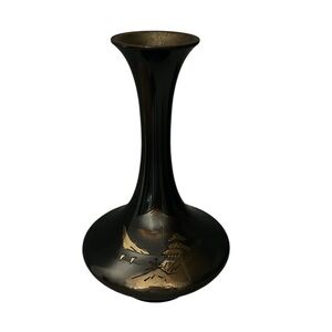 VINTAGE JAPANESE MIXED METAL /‎ BRONZE COLOR  ETCHED VASE, PAGODA, Mount Fuji